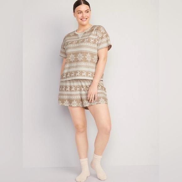 Old Navy Women’s Waffle Knit Pajama‎ Shorts Set Jingle Jammies Tan & White SZ XL - Picture 5 of 6